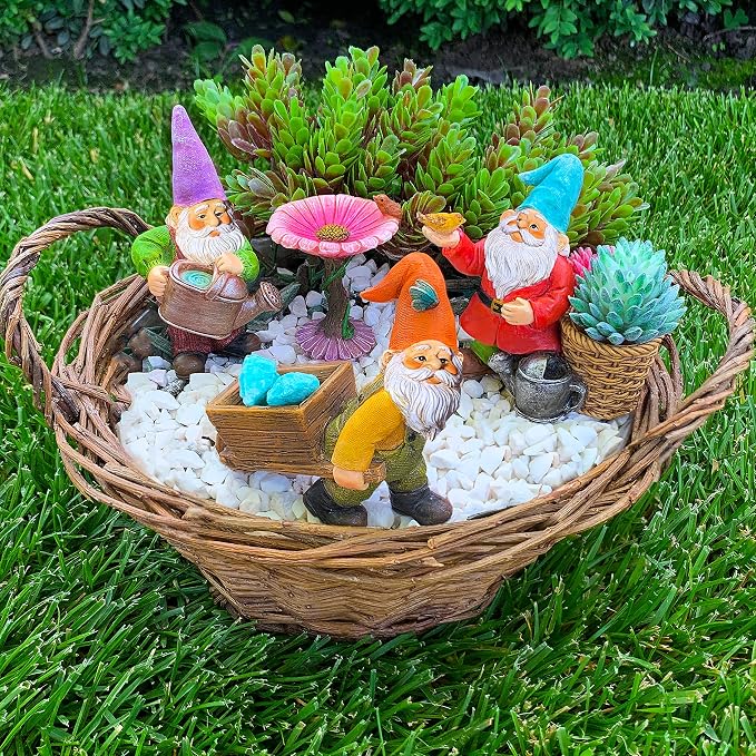 Mood Lab Garden Gnome Figurines Set (4 pcs) - 3.5" H Miniature Decorative Statues & Accessories - Outdoor & Indoor Garden Decor