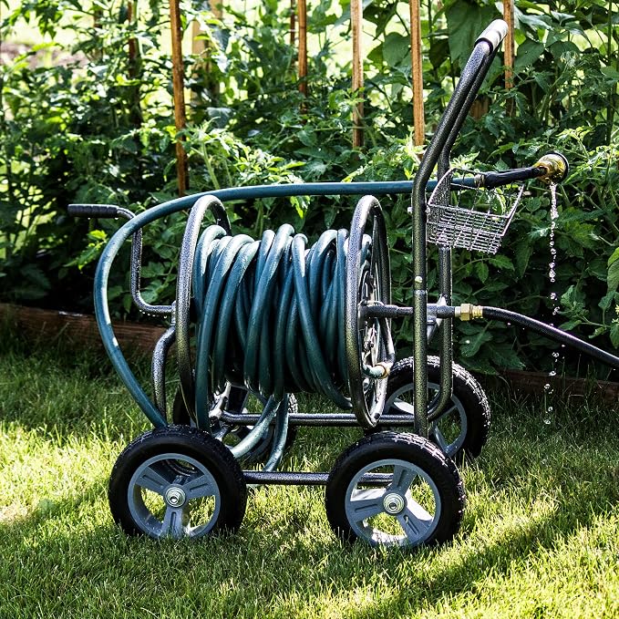 Backyard Expressions Metal Hose Reel Cart with Wheels - Heavy Duty Hose Caddie - 250 Ft Hose Capacity - Hammertone Finish
