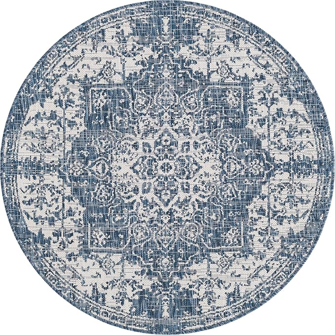 Unique Loom Outdoor Collection Area Rug - Dubai (4' 1' Round, Blue/ Ivory)