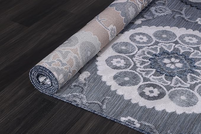 CAMILSON Indoor Outdoor Rug 9x12 Bohemian Medallion Floral Area Rugs for Indoor and Outdoor Patios Easy-Cleaning Non-Shedding Living Room Garden and Kitchen Washable Outside Carpet (9 x 12 / Navy)