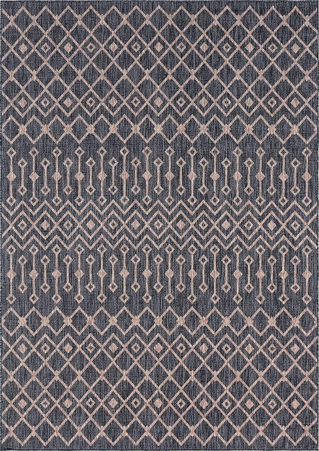 Unique Loom Outdoor Trellis Collection Area Rug - Tribal Trellis (8' x 11' 4" Rectangle, Charcoal Gray/ Natural)