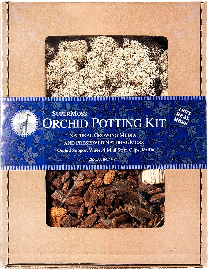 SuperMoss (90506) Orchid Potting Kit, Complete Orchid Care Set with Preserved Moss, Orchid Bark, Floral Clips and Stakes, 200 Cu. In., Reindeer Moss, Natural