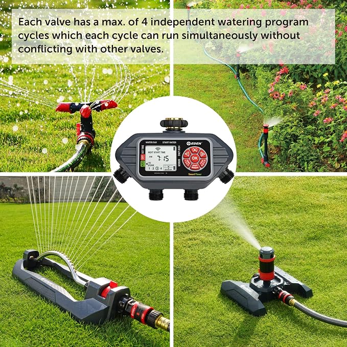 Eden 93413 Programmable Digital Water Timer 4-Zone, Compatible with Wireless Soil Moisture Sensor