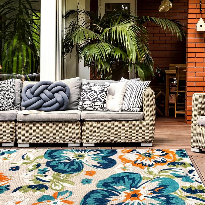 Rugshop Multi Bergamo Floral Indoor/Outdoor Area Rug Machine Washable for Backyard, Deck and Outdoor Lounge, 9' x 12'