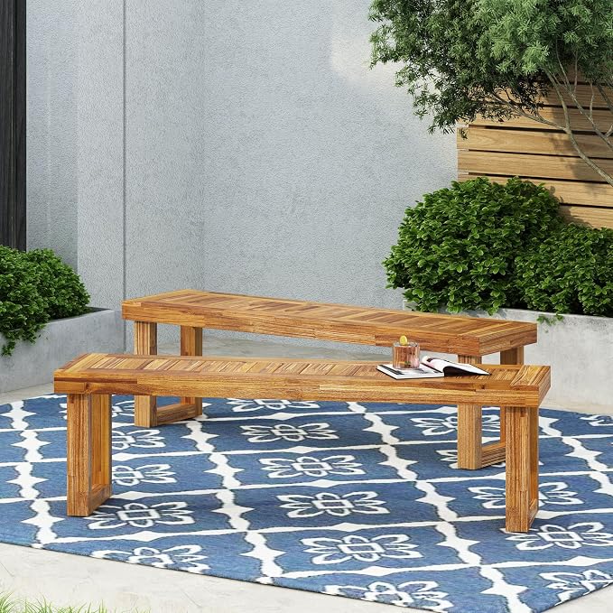 Merax Acacia Wood Outdoor Bench Set of 2, Backless Garden Bench Rustic Patio Dining Seats, Slat Panel Design, Weatherproof, 60" Long, Bear 300lbs, Natural