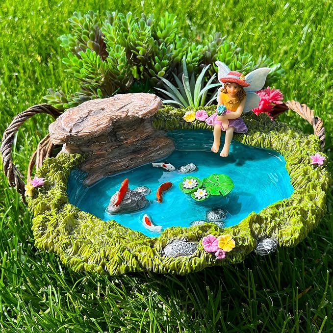 Mood Lab Fairy Garden Figurines - Fish Pond Set (2 pcs) - Miniature Decorative Statues & Accessories - Outdoor & Indoor Garden Decor