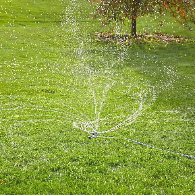 Gilmour Heavy Duty 692 Sq Ft Spinning Sprinkler with Wheeled Base, Metal Whirling Sprinkler Head for 360 Degree Coverage in Flower Beds and Vegetable Gardens
