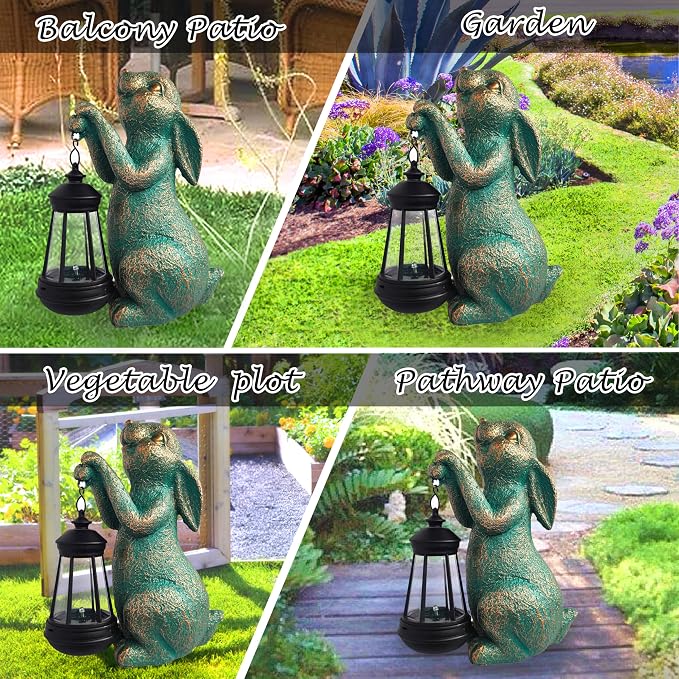 Rabbit Garden Statue Outdoor Décor with Solar Lights Lantern,Rabbit Solar Light Figurines Outside Decorations for Yard,Lawn, Patio, Balcony, Unique Housewarming Gifts