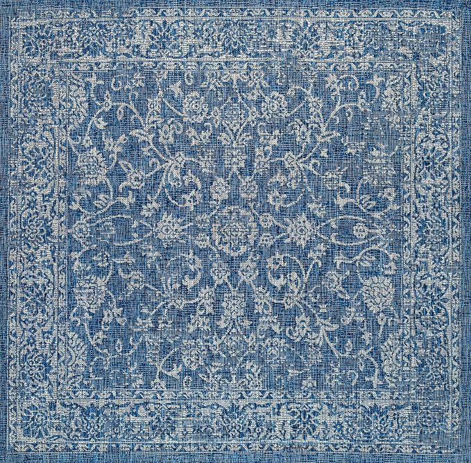 JONATHAN Y Weave Floral Indoor Outdoor Square Area Rug 3X3 Navy/Gray, Tela Bohemian Textured for Backyard, Patio, Porch, Easy-Cleaning, High Traffic, Pet-Friendly, Non-Shedding (SMB100B-3SQ)