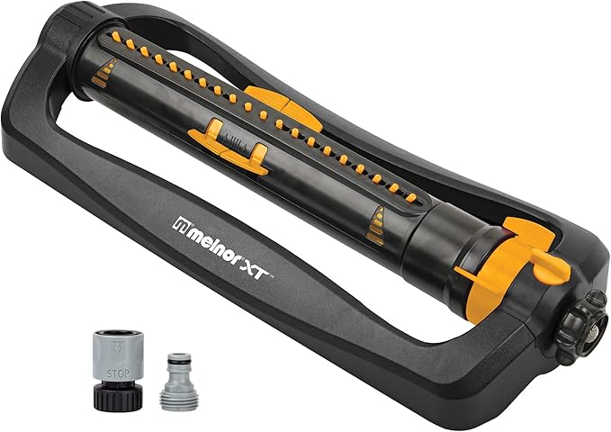Melnor XT Turbo Oscillating Sprinkler watering a summer garden