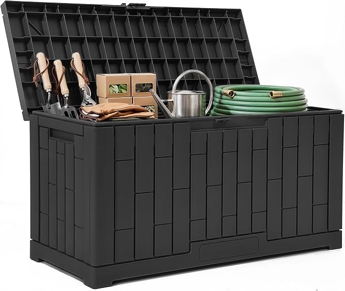 YITAHOME 60 Gallon Waterproof Resin Deck Box with Bench Seat in black on a patio