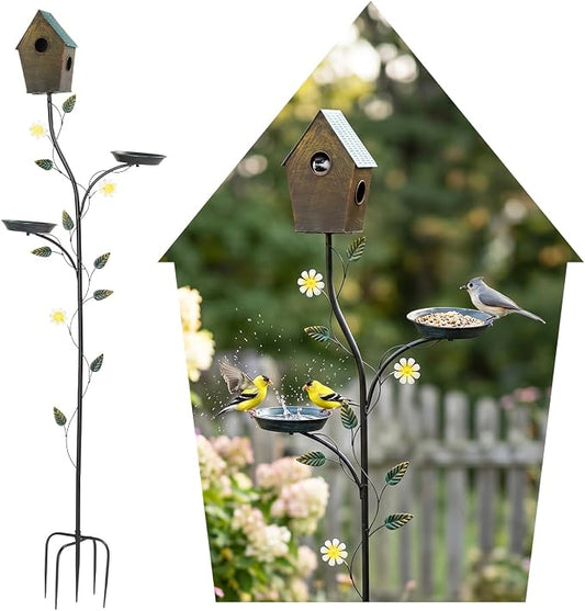VINGLI metal bird bath, feeder, and birdhouse combo in a backyard garden
