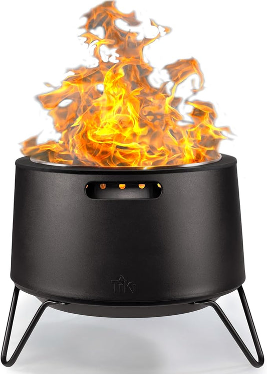 TIKI Social Fire Pit 20-Inch Smokeless outdoor fire pit on a backyard patio