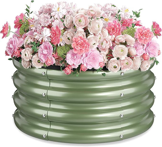 Green galvanized steel round raised garden bed