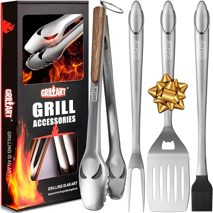 GRILLART 18-Inch BBQ Grill Tools Set with tongs, spatula, fork, and brush