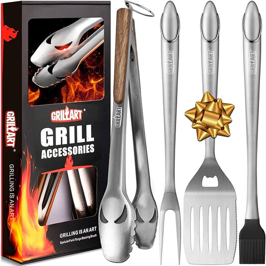 GRILLART 18-Inch BBQ Grill Tools Set with tongs, spatula, fork, and brush