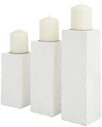CosmoLiving by Cosmopolitan Wood Geometric Carved Pillar Candle Holder, Set of 3 12", 10", 8"H, White - Image 7