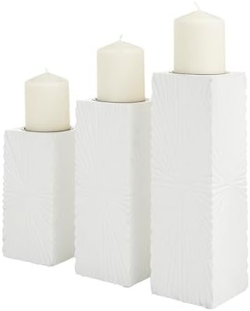 CosmoLiving by Cosmopolitan Wood Geometric Carved Pillar Candle Holder, Set of 3 12", 10", 8"H, White - Image 4