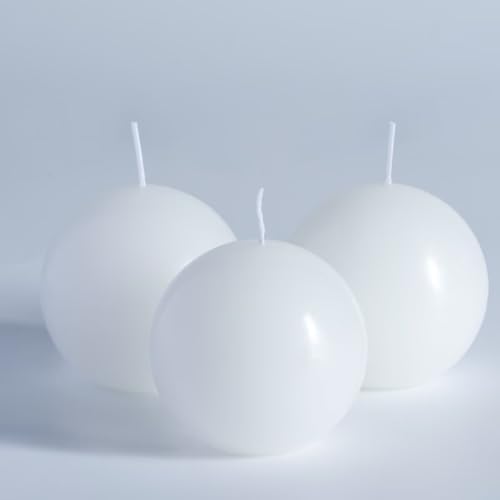 MOZEAL Hand-Poured, 3 Inch White Round Ball Candles - Elegant White Round Pillar Candles Set of 3, Dripless, Unscented, Smokeless, Ideal for All Occasions. by MOZEAL