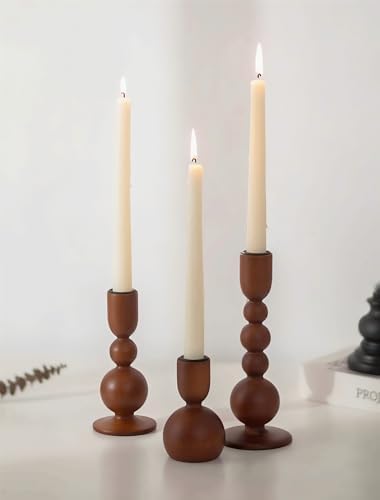 NUPTIO Wooden Taper Candle Holders, Set of 3 Brown Candlesticks by Nuptio