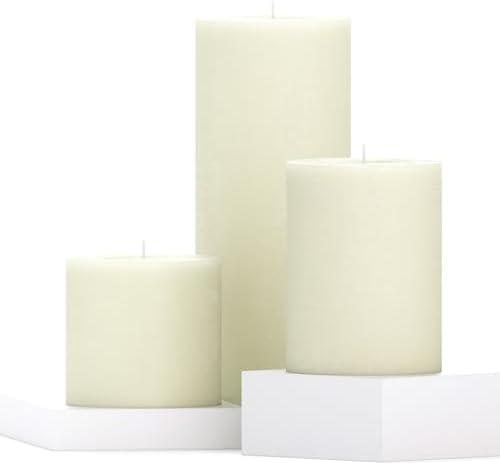 CANDWAX Assorted Pillar Candles Set of 3 – Sizes 3", 4", 8" Unscented Dripless Large Candles, Rustic Style Long Burning for Weddings, Home Decor – Ivory by CANDWAX