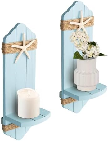 Wall Candle Sconces Set of Two,Beach Starfish Blue Wood Wall Candle Holder Decor, Farmhouse Wooden Candle Holder Wall Decorations for Fireplace, Hallway, Living Room, Bedroom by CEDARLUX