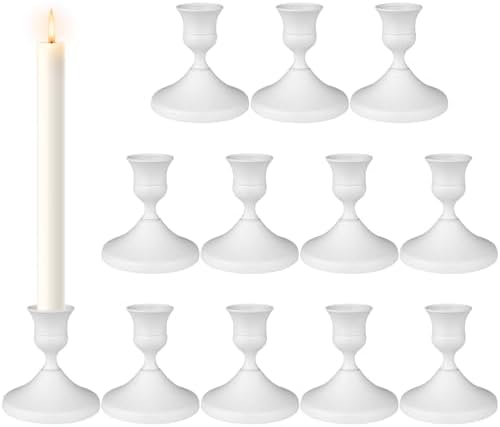 Candle Holders White Set of 12, Vintage Metal Candlestick Holders for Dinner Room Table Centerpiece, Low Metal Candles Sticks for Wedding Centerpieces Christmas Birthday Party by DECKALY