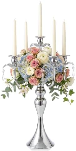 20.3'' Tall 5 Arm Candle Holder Centerpiece for Table, Metal Candelabra Candle Holder, Retro Candlestick Table Centerpieces for Party, Events, Home, Wedding Decor (1Pc, Silver) by KOLNLALA
