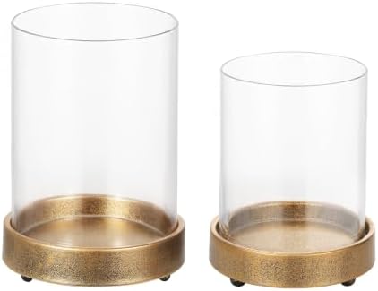 Set of 2 Glass Hurricane Candle Holders for Pillars with Minimalism Metal Base in Antique Gold, Glass Candle Holder, Centerpiece, for Weddings, Dinner Parties, Dining Tables, Console Tables, Mantels by Unknown