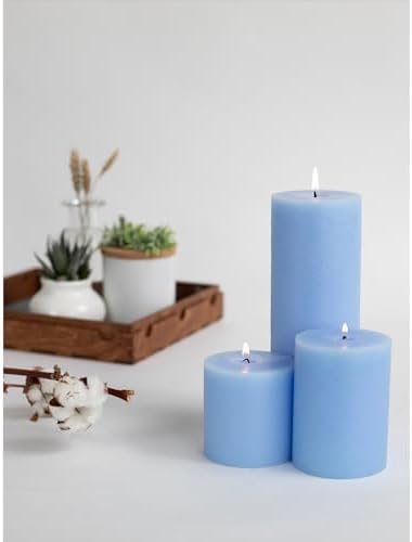 CANDWAX Assorted Pillar Candles Set of 3 – Sizes 3", 4", 8" Unscented Dripless Large Candles, Rustic Finish Long Burning for Weddings, Home Decor – Light Blue - Image 4