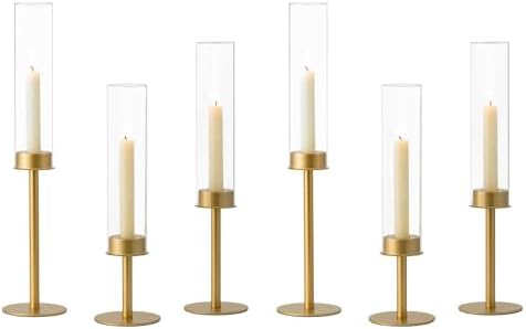 Hewory Gold Candlestick Holders: 6PCS Glass Hurricane with Brass Base by Hewory