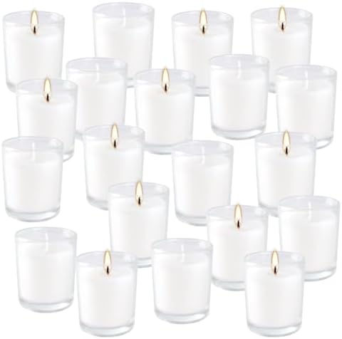 20 Pack Unscented White Clear Glass Filled Votive Candles | Soy Wax, Smokeless, Hand Poured Wax Candles Ideal for Aromatherapy, Spa, Weddings, Birthdays, Holidays & Party Decor by YIH