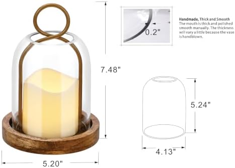 7.5" High Versatile Vintage Brass Metal Candle Holder with Handmade Sturdy Glass Dome and Natural Wooden Base for Pillar Candle & Plants, Industrial, Farmhouse, Shabby Chic, Display Cloche Bell Jars - Image 2
