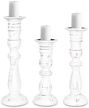 Wooden Candle Holder Set of 3, Tall White Antique Pillar Candle Holders, Rustic Farmhouse Decor, Brown Wooden Candle Stands for Home Decoration - 16, 14, 12 Inch Height by Lightnpro