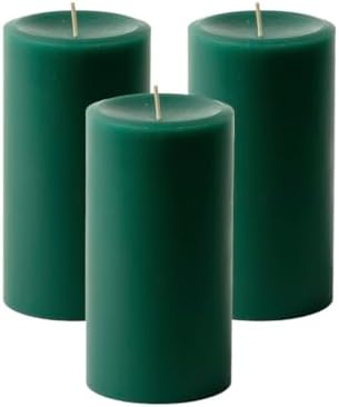 Mister Candle Dripless Unscented Pillar Candles, Set of 3 Hand Poured Hunter Green Pillar Candles, Solid Color Non-Scented Candles for Home Decor, Premium Wax, 80 Hr Burn Time, 3x6 Inch by MisterCandle