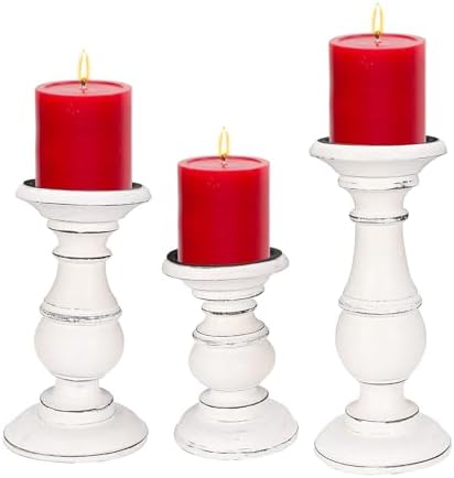 Candle Holders Set of 3 (10",8" & 6" Height)_White Antique,Pillar Candle Holder in Mango Real Wood,Decorative Candle Holders for Table Centerpiece, Wedding, Party, Home Décor, Spa, Farmhouse, Gifting by TheWoodenTown