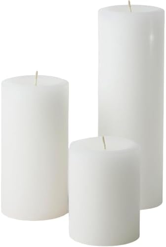 Mister Candle White Unscented Dripless Pillar Candles Set of 3, 3 Inch Diameter, Hand Poured, Premium Wax, Decorative Pillar Candles (3" x 4", 3" x 6", and 3" x 9", White) by MisterCandle
