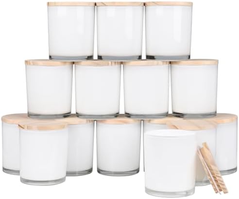 SHOWIN 10 OZ Thick Candle Jars for Making Candles 15 Pcs, Empty Jars with Wood Lids for Candle Making, Sample Container, Inner White by Showin