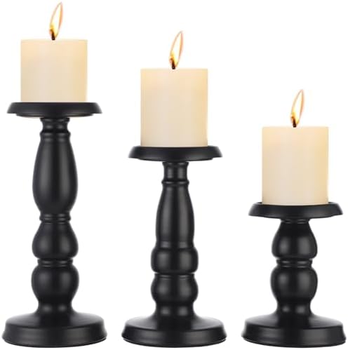 3 Pcs Black Metal Pillar Candle Holders Set, Rustic Farmhouse Iron Candlestick Holders, Decorative Candlestick for Table Centerpiece, Wedding, Home - Image 2