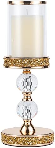 Pillar Candle Holder, 13 Inch Crystal Candlesticks for 3''X5'' Candles, Dining Coffee Table Decor, Wedding, Events, Parties - Glass and Gold Finish by Hanjue