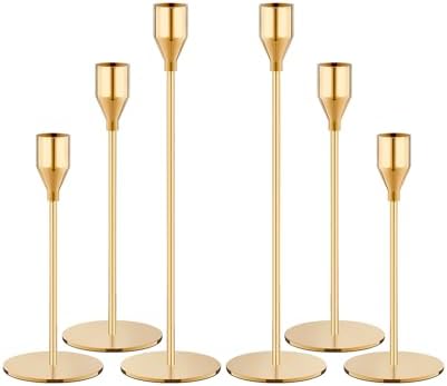 NLBTW Set of 6 Gold Taper Candle Holders, Tall Candlesticks Holder for Dining Table Centerpiece, Fall Decor, Fireplace Mantel & Wedding Gift (Fits 3/4" Thick Candles) | Modern Candle Stick Holder Decor for Mantel Dining Table Centerpiece, 3 Different H... by NLBTW
