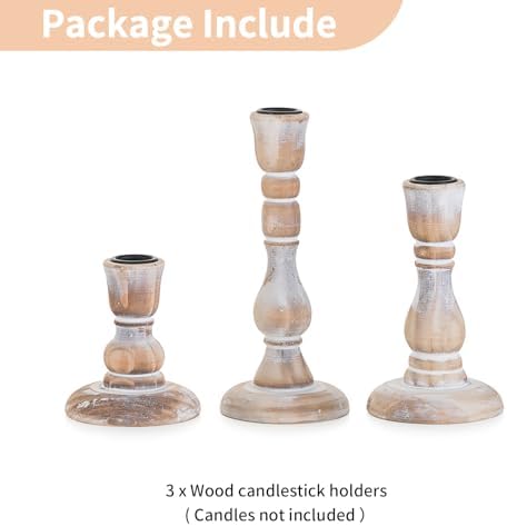 NUPTIO Rustic Wooden Candlestick Holders, Set of 3, Whitewashed - Image 4