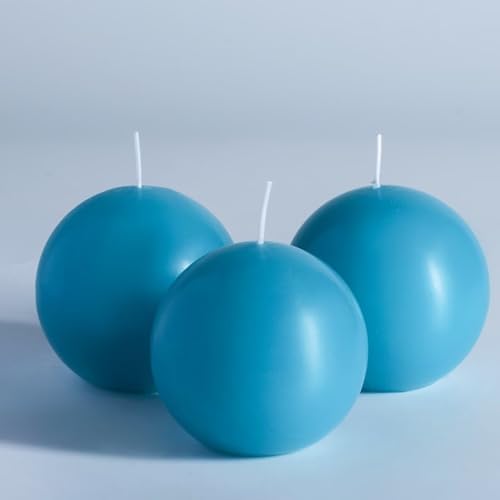 MOZEAL Hand-Poured, 3 Inch Turquoise Round Ball Candles - Elegant Teal Round Pillar Candles Set of 3, Dripless, Unscented, Smokeless, Ideal for Summer Parties. by MOZEAL