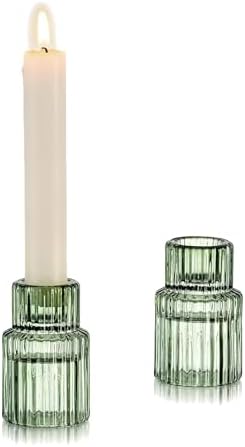 Glasseam Taper Glass Candlestick Holders: 2 Pcs Vintage Green for Christmas by Glasseam