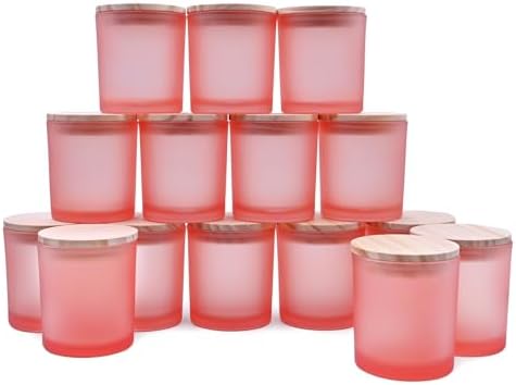 SHOWIN 8 OZ Thick Candle Jars for Making Candles 15 Pcs, Empty Jars with Wood Lids for Candle Making, Sample Container, Frosted Pink by Showin