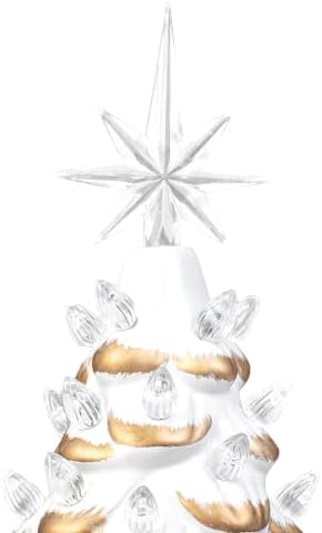 Sunlit 13'' Cordless Lighted Ceramic Christmas Tree Vintage Tabletop Christmas Decoration Pre-Lit Colorful Mini Light Bulbs Traditional AA Battery Operated LED - White and Gold - Image 3