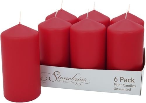 Stonebriar Unscented Pillar Candles – 65 Hour Burn Time, Long-Lasting Wax Candles for Weddings, Holidays, Home Décor & Special Events, Pack of 6, Red, 3" x 6" by StonebriarCollection