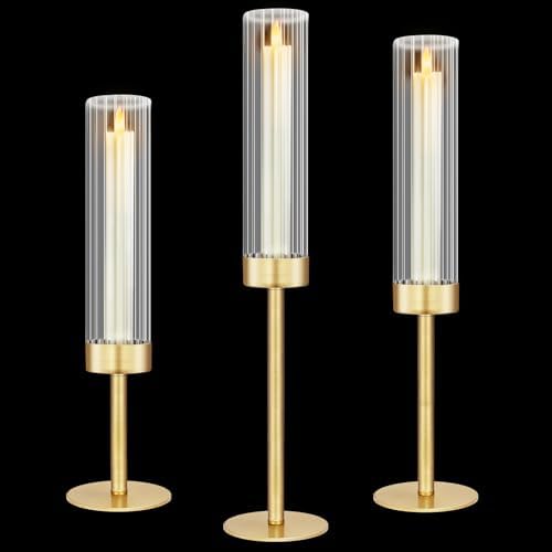 Glass Hurricane Candlestick Holders Gold, KSWING Set of 3 Taper Candle Holders Brass Tall Clear Candle Stand Holders, Perfect for Table Centerpiece Party Wedding Christmas Home Decor by Unknown
