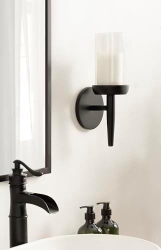 Kate and Laurel Shae Transitional Wooden Wall Sconce; 5 x 5 x 13; Black; Modern Candle Holder with Removable Glass Cylinder for Flameless Pillar Candles in Bedroom or Entryway - Image 3