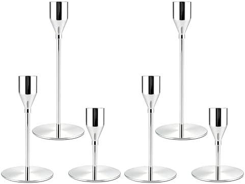 Silver Candlestick Holders, Metal Taper Candle Holders, Set of 6 by ECHFSM